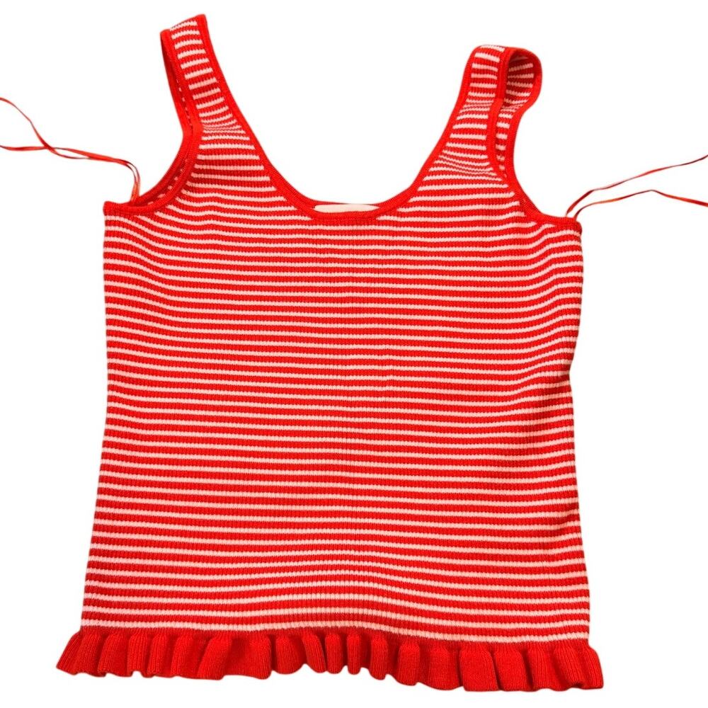 Free Assembly Red White Striped Ribbed Knit Tank Top Ruffle Hem Women's M